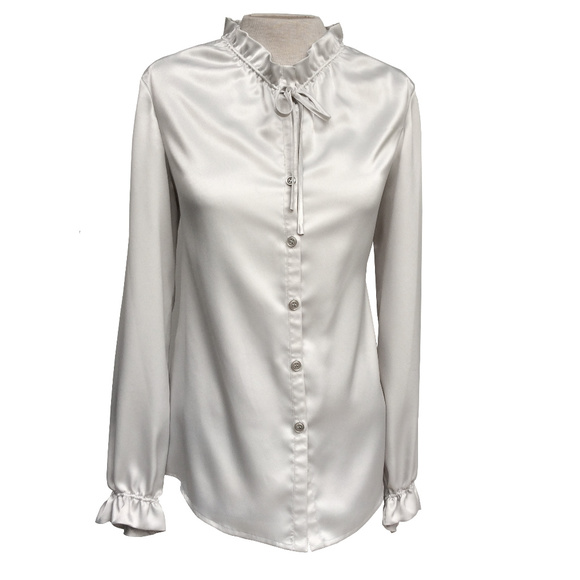 Kasper Tops - Kasper Silver Platinum Soft Satin Ruffle Blouse 10